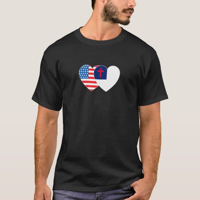 Christian and USA Flag Twin Heart for Religious Am T-Shirt (Front)