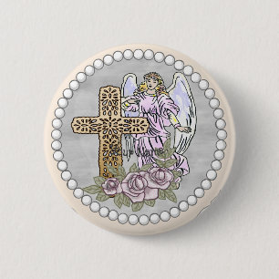 Christian Angel My Roses Cross Button