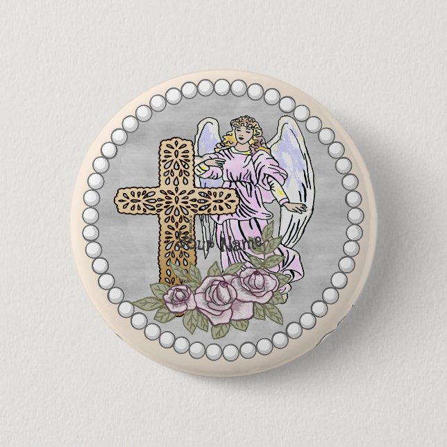 Christian Angel My Roses Cross  Button (Front)