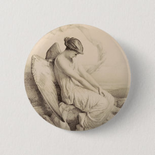 Christian angel sitting on a stone 6 cm round badge