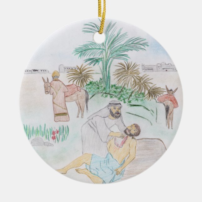 Christian Artwork The good Samaritan Ceramic Tree Decoration (Front)
