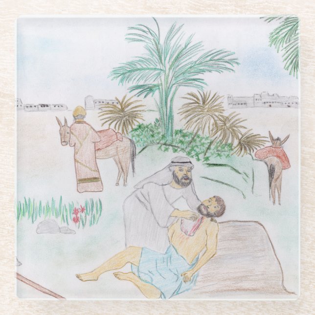 Christian Artwork The good Samaritan Glass Coaster (Front)