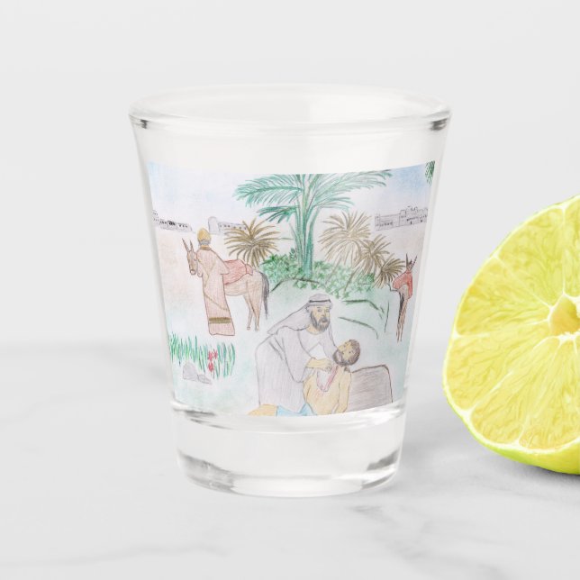 Christian Artwork The good Samaritan Shot Glass (Front)