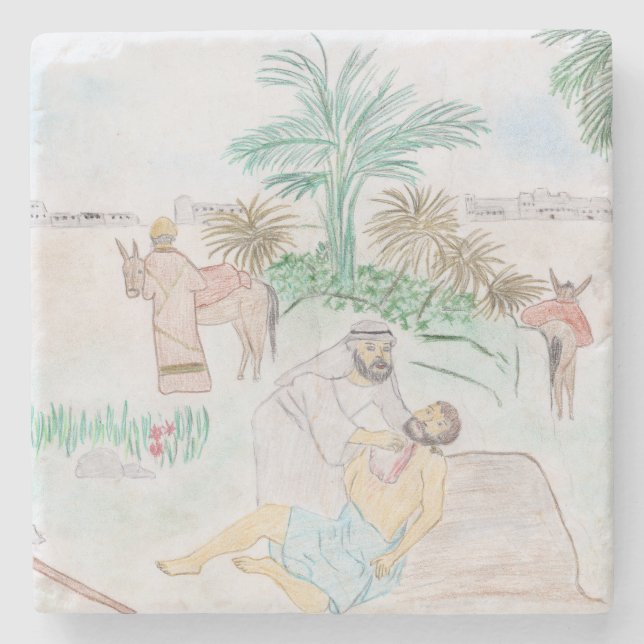 Christian Artwork The good Samaritan Stone Coaster (Front)