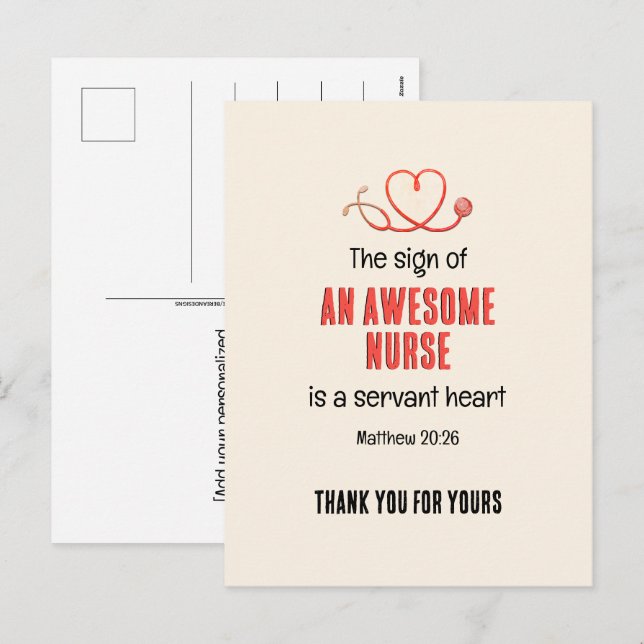Christian AWESOME NURSE SERVANT HEART Thank You Holiday Postcard (Front/Back)