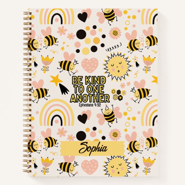 Christian Be Kind Scripture Cute Whimsical Bees Notebook (Front)