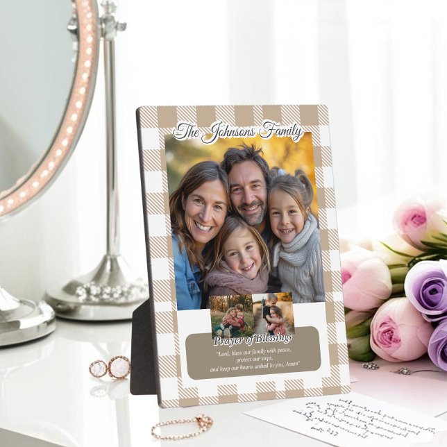 Christian Beige Buffalo Plaid Family Photo Collage Plaque (Creator Uploaded)