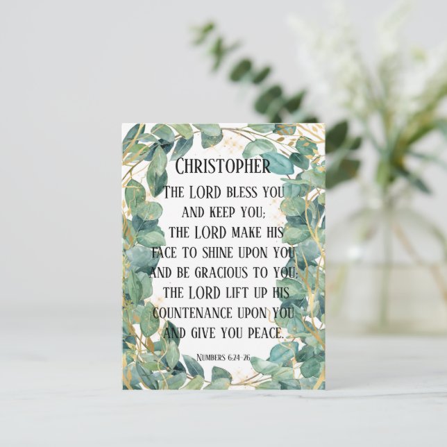 Christian Bible Verse Blessing Eucalyptus Leaves Postcard (Standing Front)