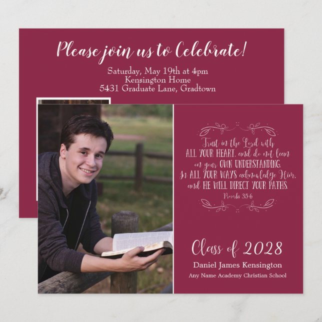 Christian Bible Verse Burgundy Graduation Photo Invitation (Front/Back)