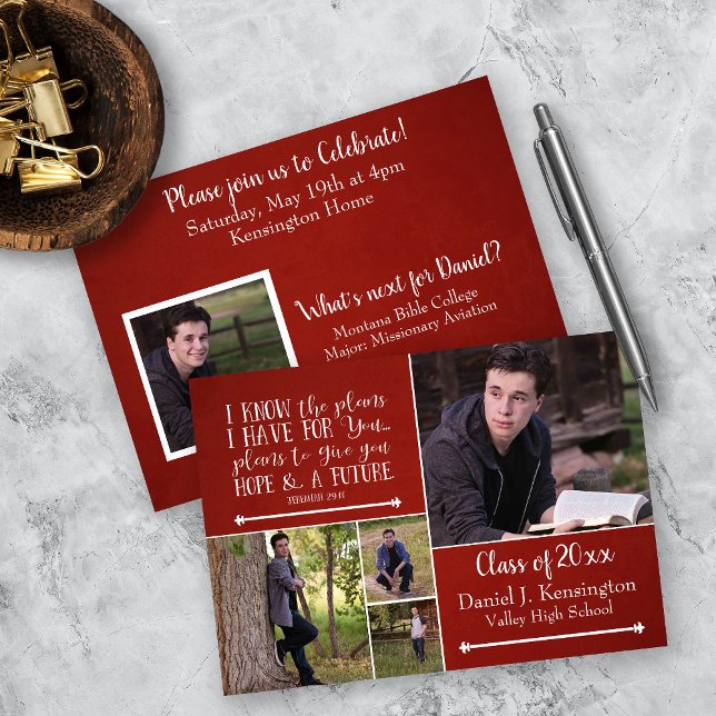 Christian Bible Verse Graduation Photo Collage Red Invitation (Creator Uploaded)