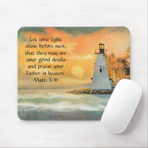 Christian Bible Verse Lighthouse Sunset Painting Mouse Pad