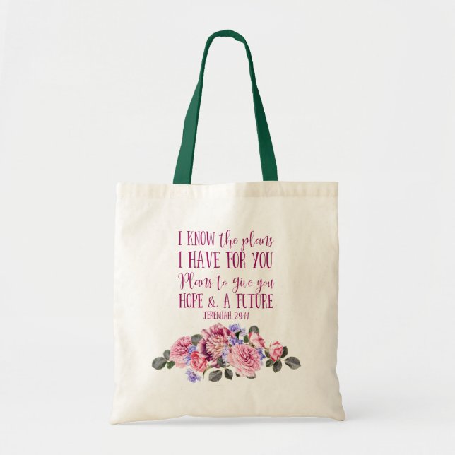 Christian Bible Verse Pastel Watercolor Floral Tote Bag (Front)