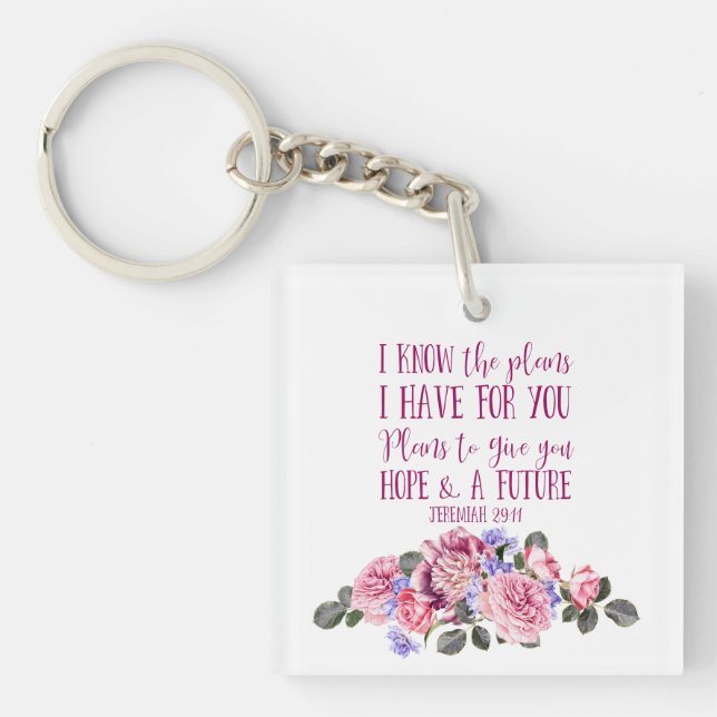 Christian Bible Verse Pink Watercolor Floral Key Ring (Front)