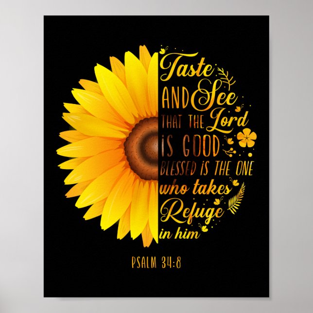 Christian Bible Verse Psalm 34:8 Sunflower Flower Poster (Front)