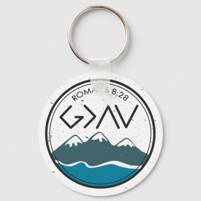 Christian Bible Verse Romans 8:28 God Is Greater Key Ring (Front)