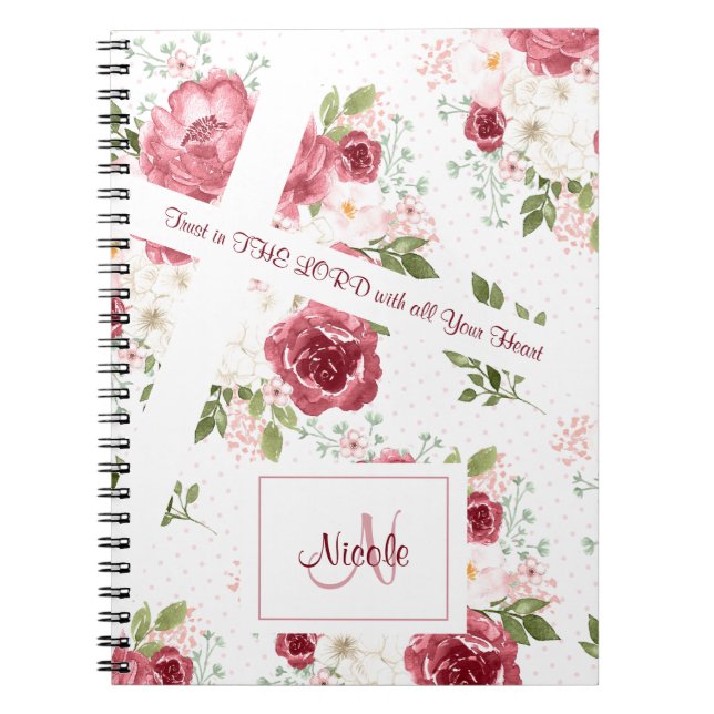 Christian Bible Verse Rose Floral Name Monogram Notebook (Front)