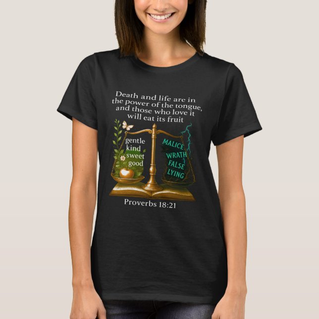 Christian Bible Verse T-Shirt — Proverbs 18:21 (Front)