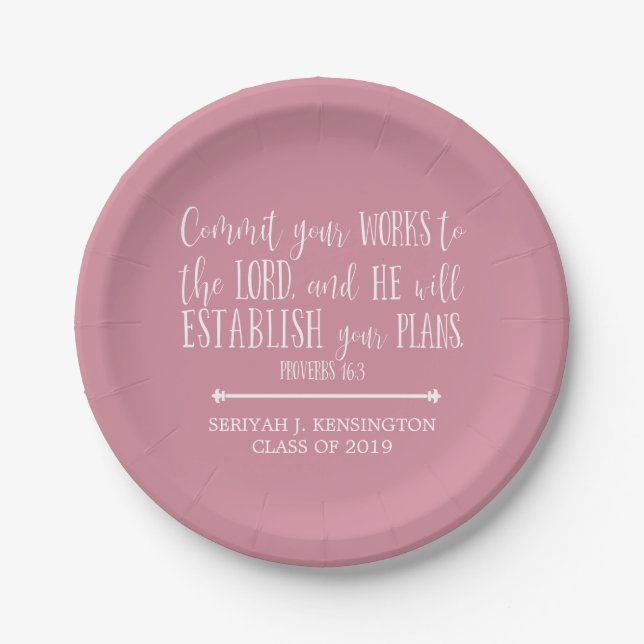 Christian Bible Verse Typography Pink Graduation Paper Plate (Front)