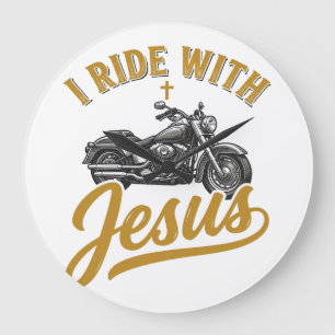 Christian Biker I Ride With Jesus Vintage Motorcyc Large Clock