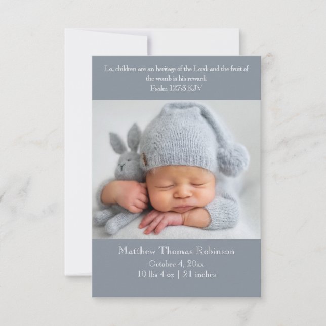 Christian Birth Announcement Card - Grey & white (Front)