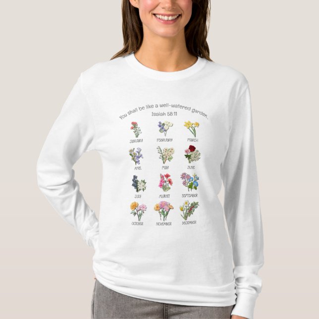 Christian BIRTH MONTH FLOWERS Jan to Dec T-Shirt (Front)