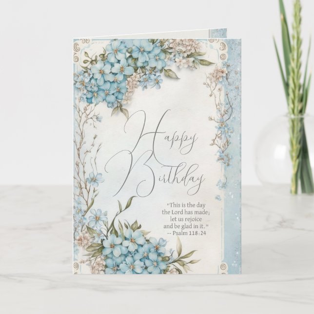 Christian Birthday Blue Floral Scripture Card (Front)