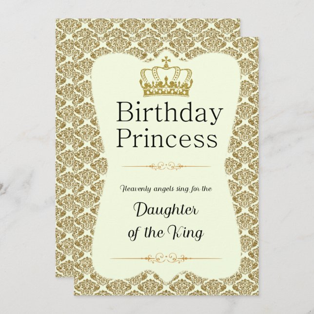 Christian Birthday Princess Gold and Cream Damask Invitation (Front/Back)