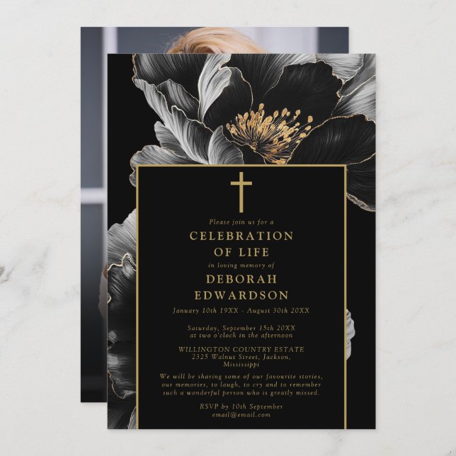Christian Black And Gold Celebration Of Life Photo Invitation (Front/Back)