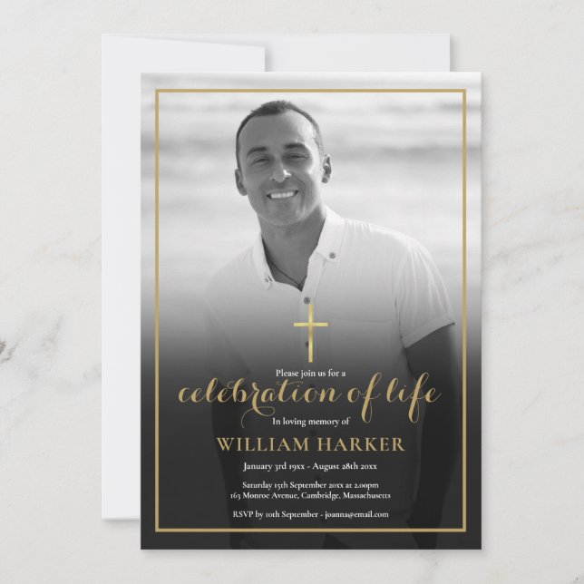 Christian Black and White Photo Funeral Invitation (Front)