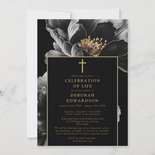 Christian Black Gold Floral Celebration Of Life Invitation (Front)