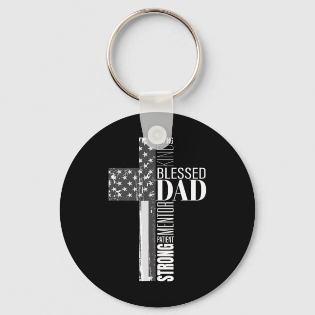 Christian Blessed Dad American Flag Religious Fath Key Ring (Front)
