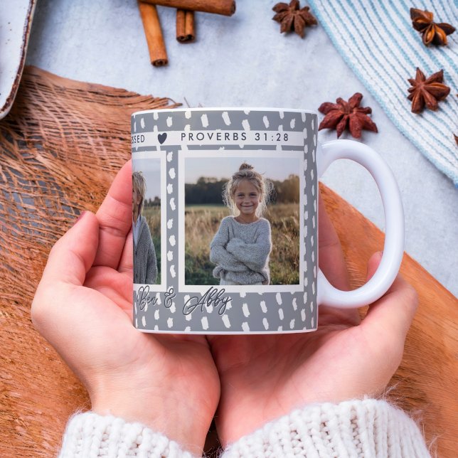 Christian Blessed Mum Photo Collage Names Keepsake Coffee Mug (A Christian keepsake mug with Proverbs 31:28 and space for 3 photos.)