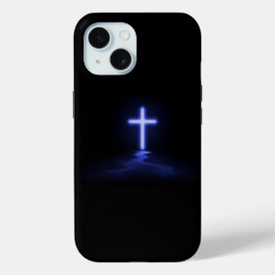 Christian Blue Cross in the Mist iPhone 15 Case