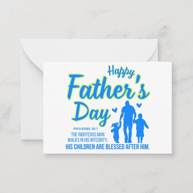 Christian Blue Happy Father's Day Proverbs 20:7 Card (Front)