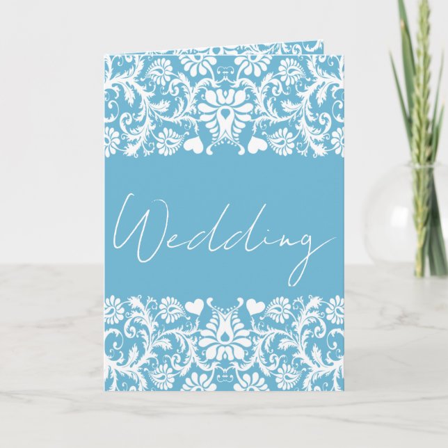 Christian Blue & White Damask Photo Wedding  Invitation (Front)