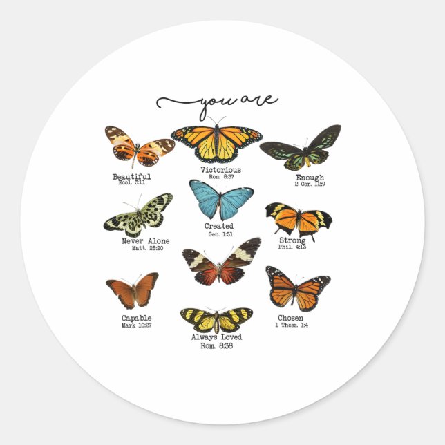 Christian Butterflies God Says You Are Bible Verse Classic Round Sticker (Front)
