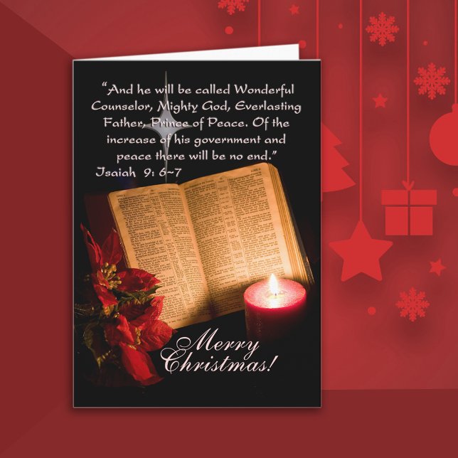 Christian Candlelight Christmas Holiday Card (Beautiful Christmas card with a Bible, poinsettia and candle with Scripture verse.)