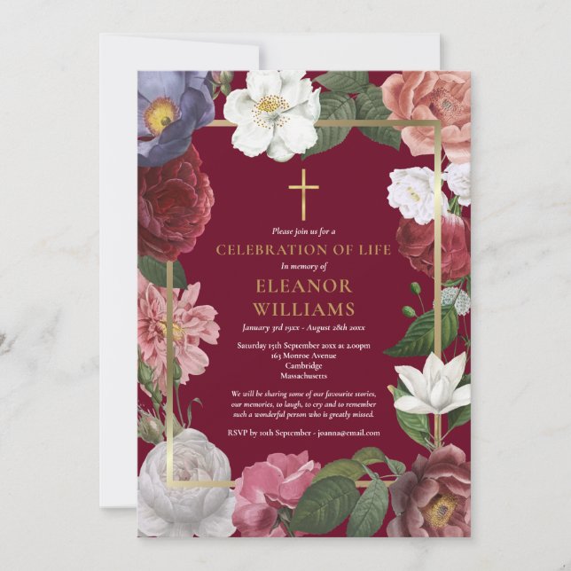 Christian Celebration of Life Burgundy Floral Invitation (Front)