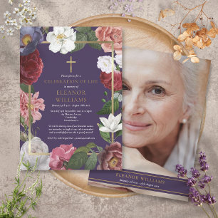 Christian Celebration of Life Purple Floral Photo Invitation