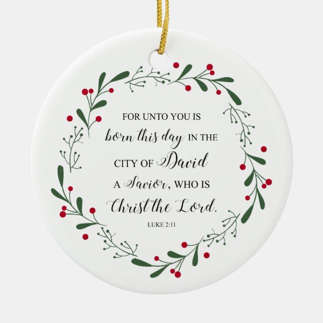 Christian Christmas Bible Verse Jesus Saviour Luke Ceramic Tree Decoration (Front)