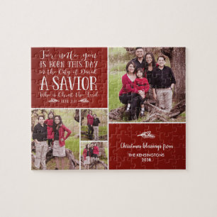 Christian Christmas Collage Luke 2 Photo Red Jigsaw Puzzle