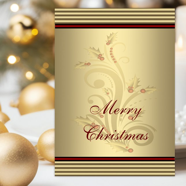 Christian Christmas Holiday Card (Red gold religious Christmas card with red and gold holly swirl and scripture verses.)