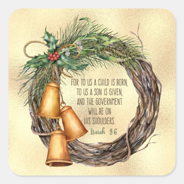 Christian Christmas Isaiah 9:6 Wreath Elegant Square Sticker (Front)