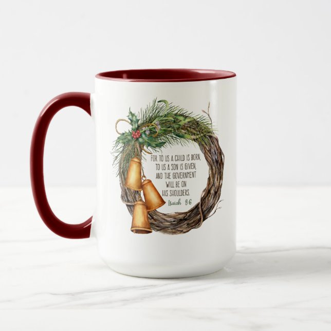 Christian Christmas Nativity Scripture Wreath Red Mug (Left)