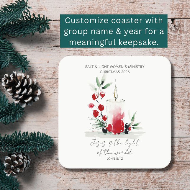 Christian Christmas Scripture Stylish Custom Event Square Paper Coaster (Meaningful décor for tables and takeaways. Jesus is the light of the world John 8:12.)