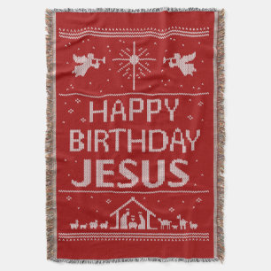 Christian Christmas Sweater Happy Birthday Jesus Throw Blanket
