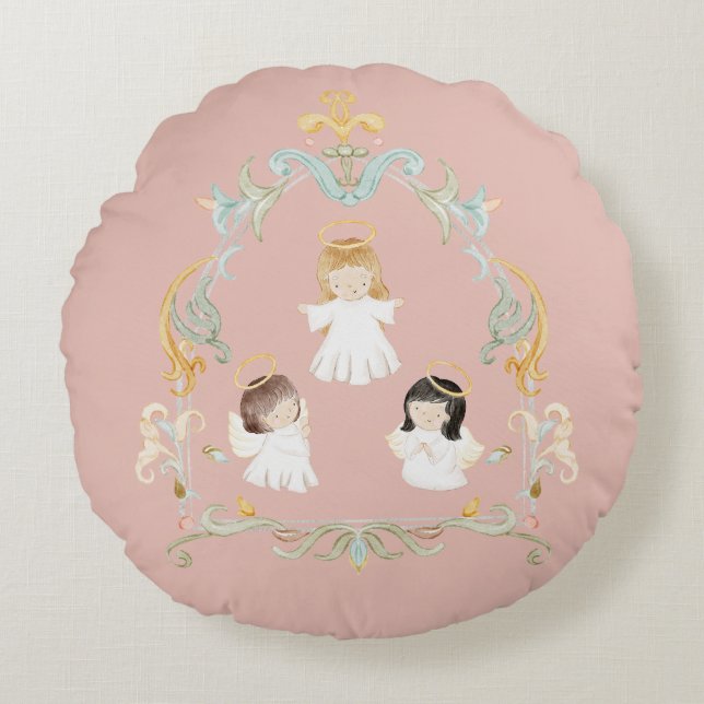 Christian Christmas Watercolor Angels Pink Round Cushion (Front)