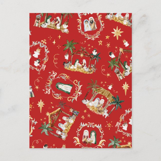 Christian Christmas Watercolor Nativity Red Postcard (Front)