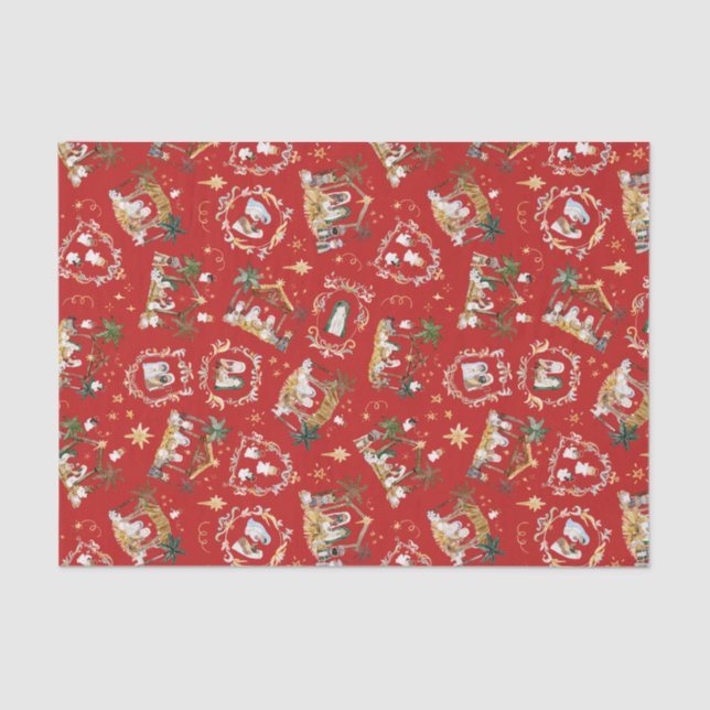 Christian Christmas Watercolor Nativity Red Tissue Paper (Front)
