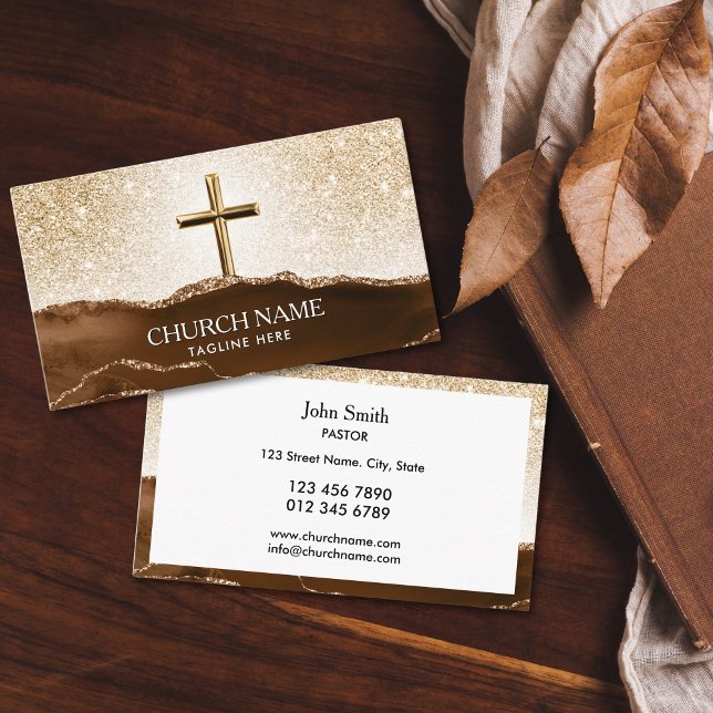 Christian Church Pastor Deacon Bishop Gold Cross Business Card (gold cross with brow agate mountains and glitter gold sky church business cards for deacon, bishop, )